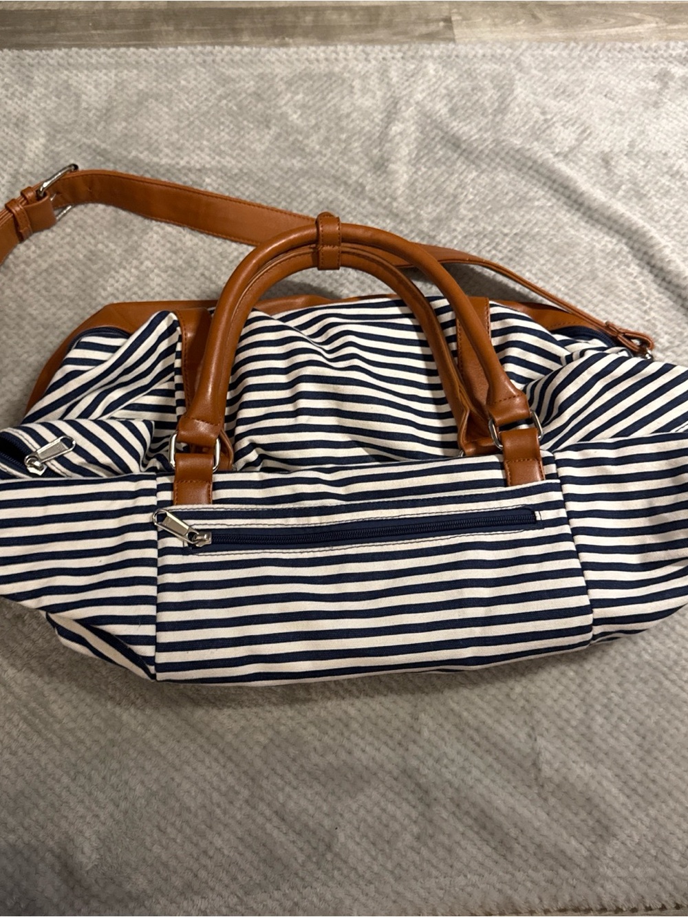 Striped Navy and White Canvas Tote with Tan Leather Handles